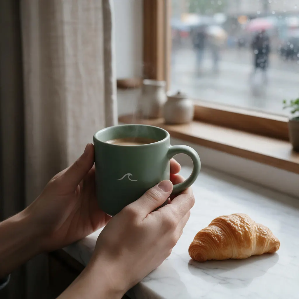 The same mug held in two hands by a rainy cafe window