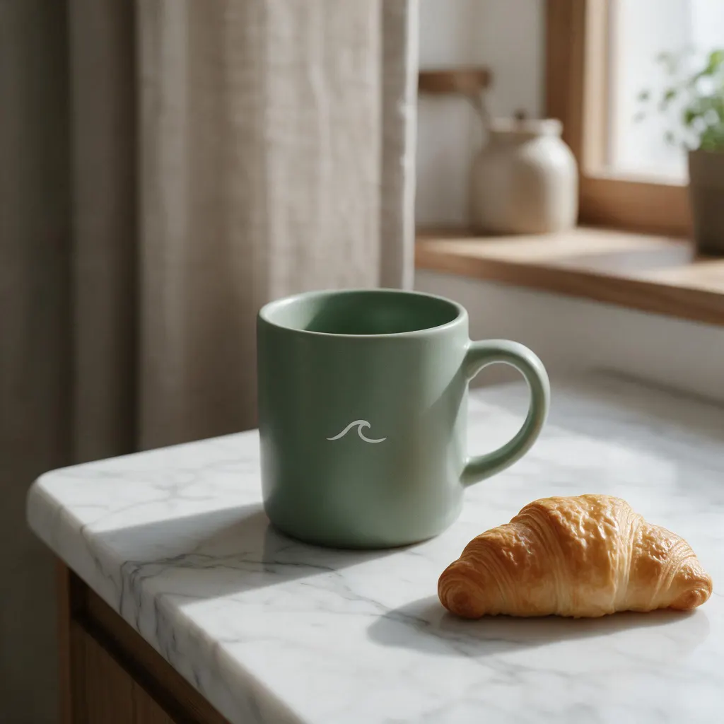 The same mug on a marble counter beside a croissant